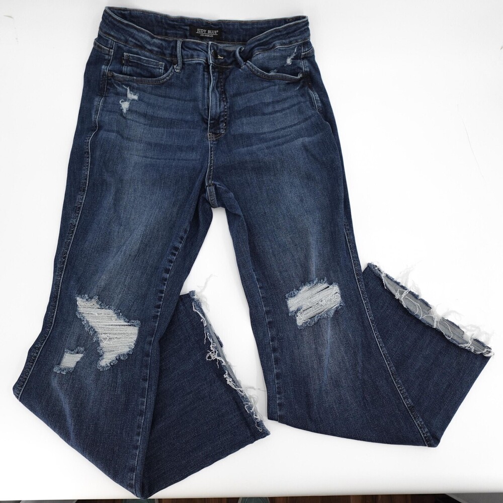 Judy Blue Jeans Womens 16W Dark Wash Distressed Straight Raw Hem Stretch Denim